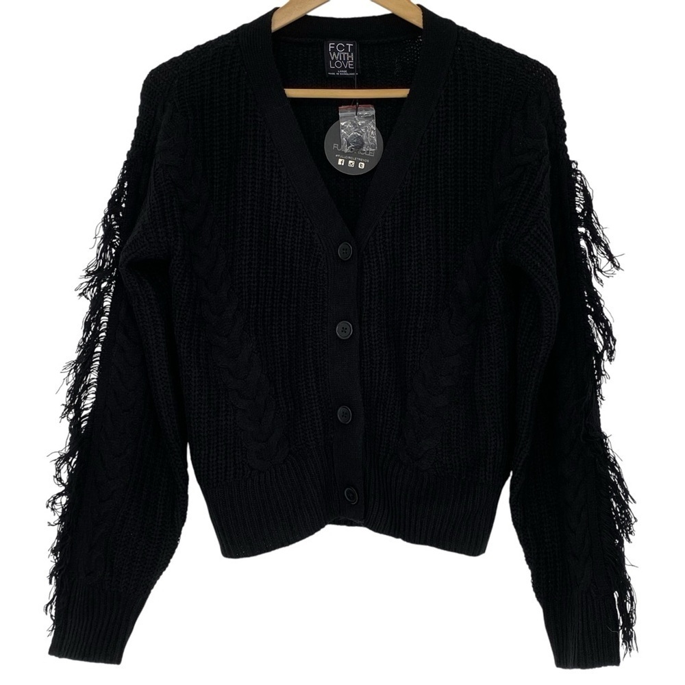 FCT with Love Black Button Front Cardigan Sweater with Fringed Sleeves - NWT